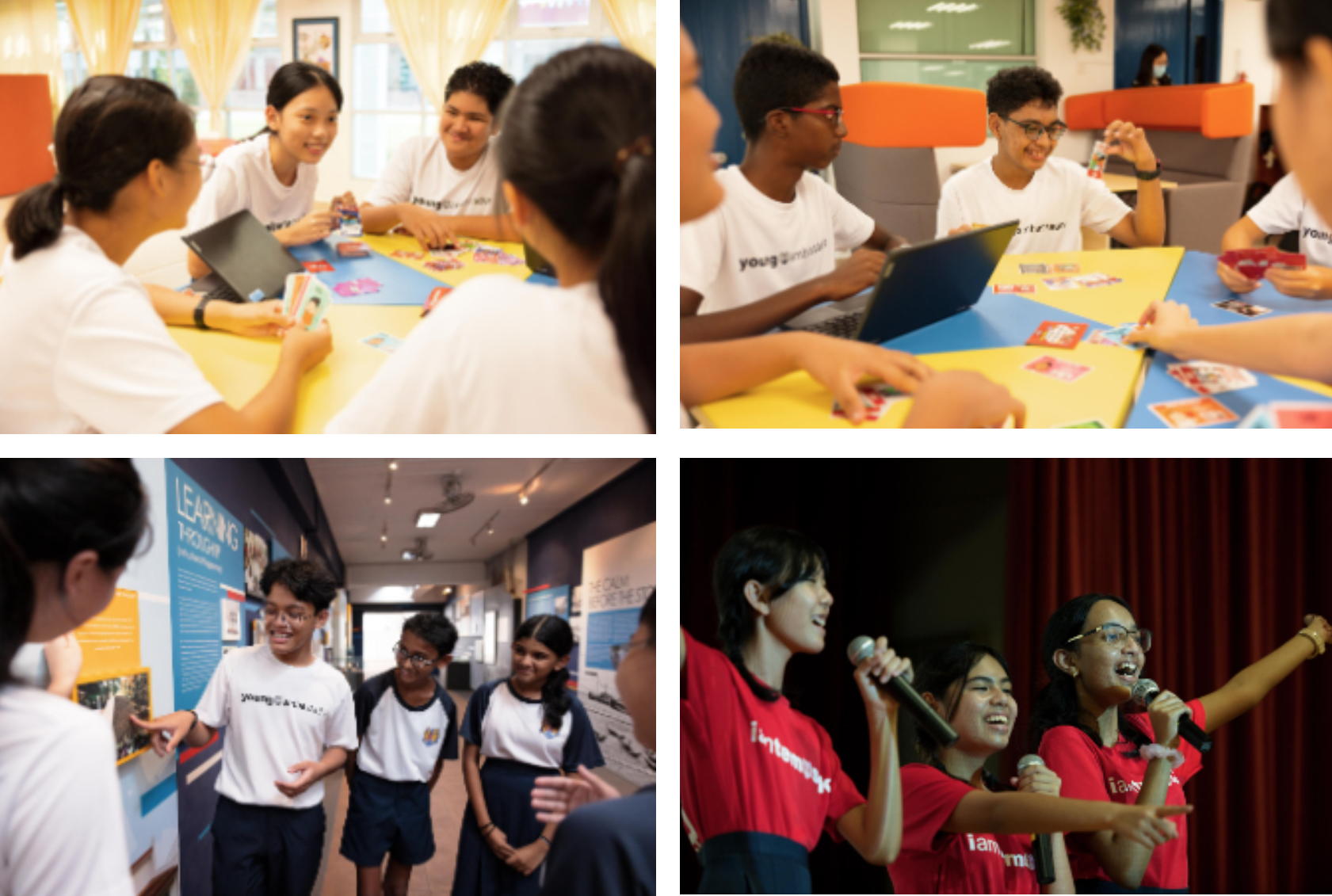 Four photos of students in white or red shirts engaging in card games, hallway conversations, and singing on stage.
